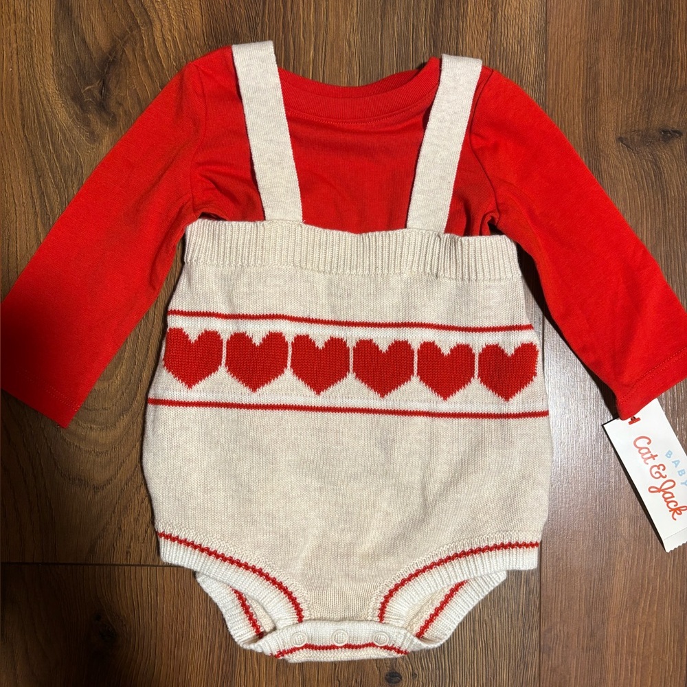 Cat & Jack Baby 2 Piece Long Sleeve Shirt & Knit Heart Romper - Red 3-6M - Picture 5 of 6